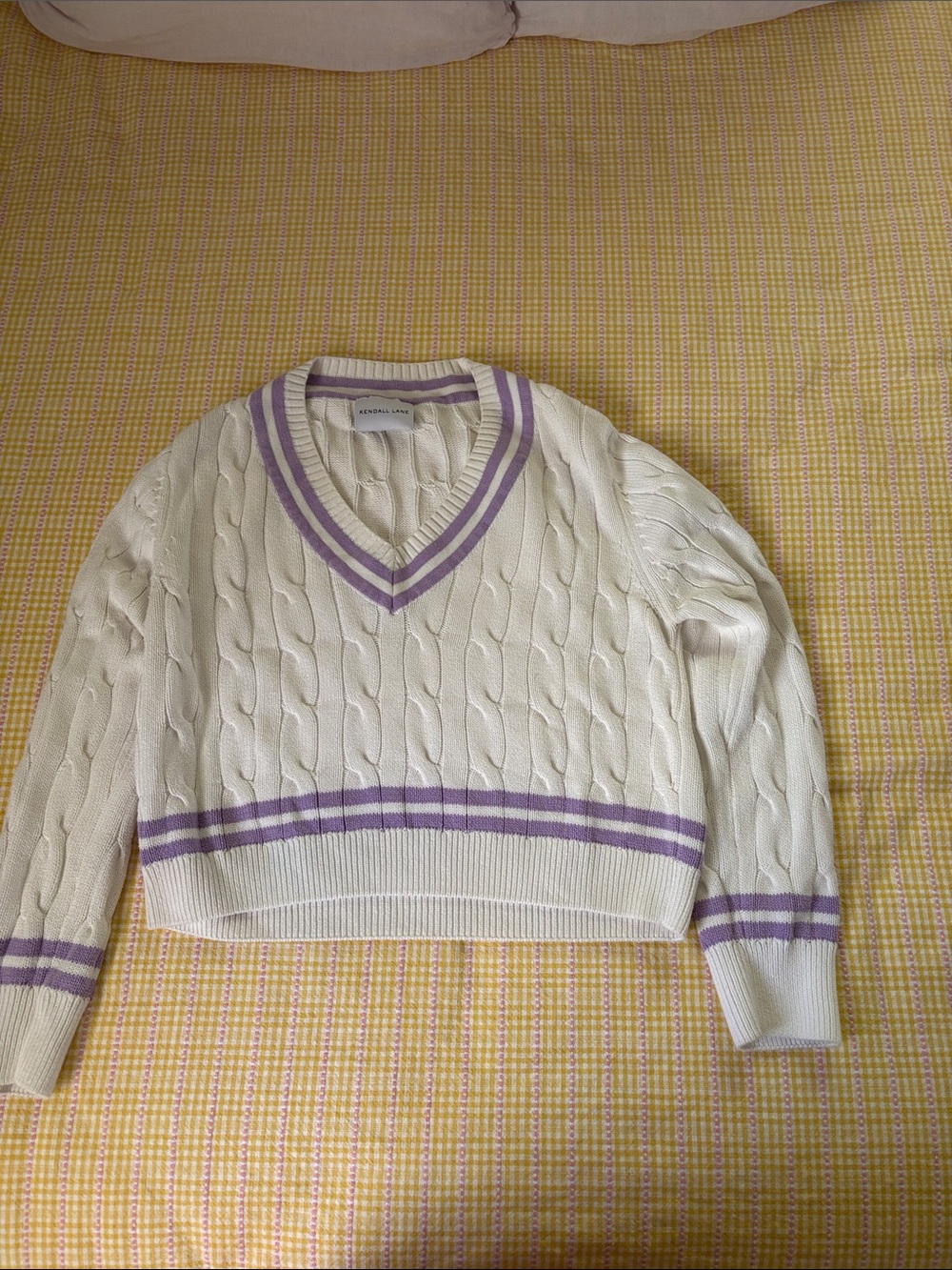 Crop Cable-Knit V-Neck Sweater with Lavender Stripe - Kendall & Kylie